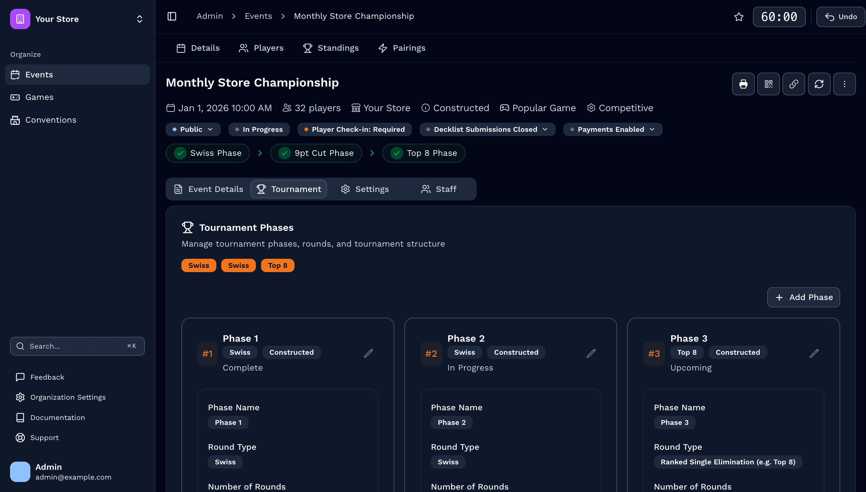 Retailer tournament dashboard